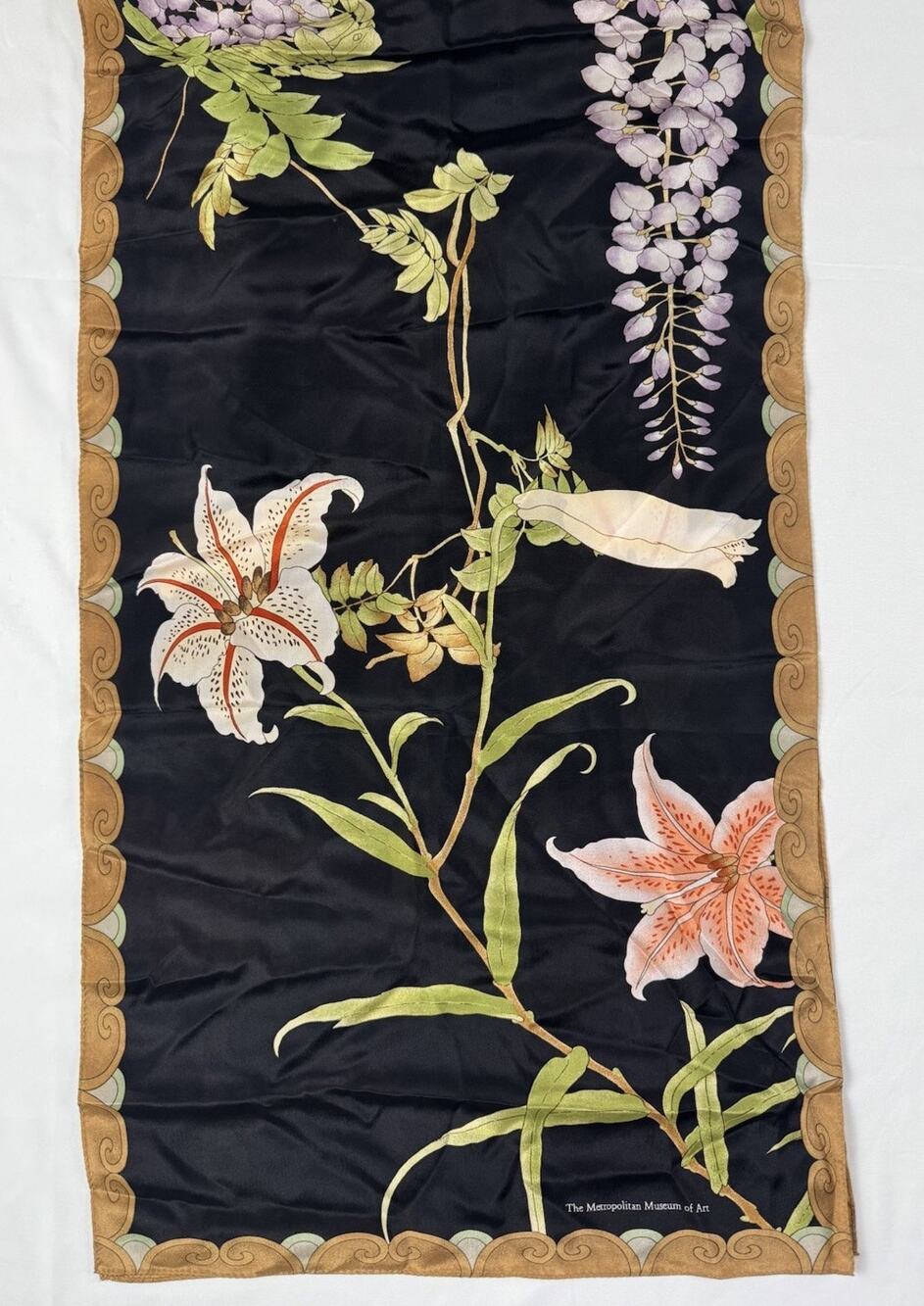 The Metropolitan Museum of Art Botanical Scarf 59x17 Black Lily Wisteria Satin